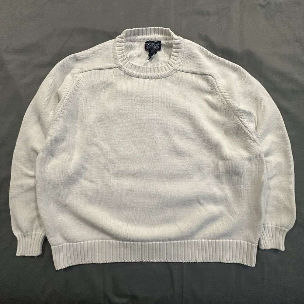 Vintage Lands End Drifter Knit Sweater Women’s XL Made In USA Chunky Blank White